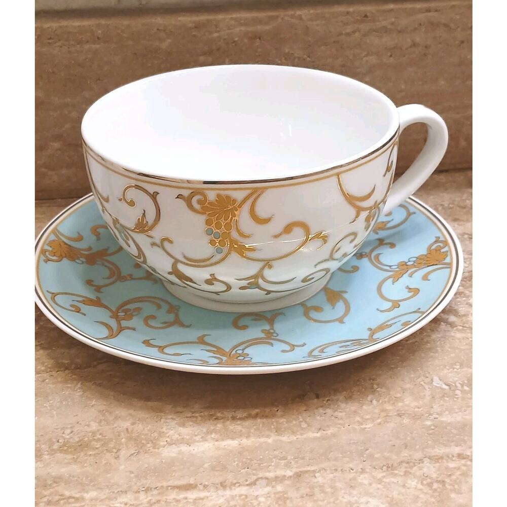 Grace's Teaware Large TEA CUP & SAUCER Blue Gold Paisely Floral Scrolls‎ Regency